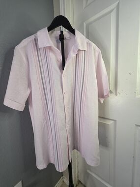 Café Luna Pink Linen Blend Guayabera Shirt Mens Large Embroidered Short Sleeve